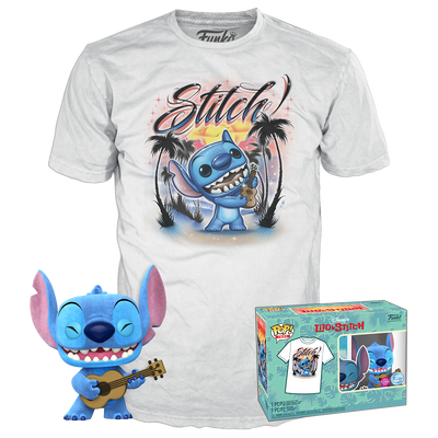 Stitch with ukulele flocked funko pop with t shirt set